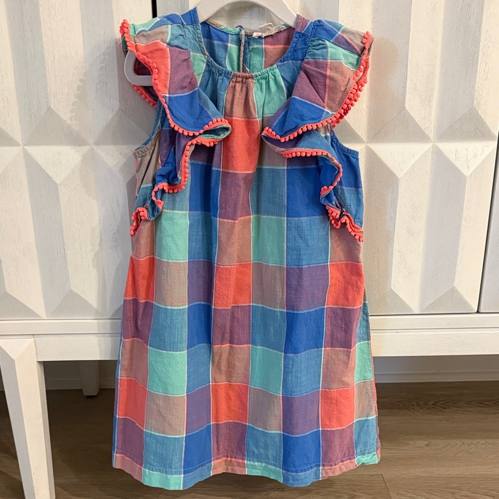 Crewcuts J.Crew Girls Plaid Ruffle Dress Size 6 Pom Trim Multicolor Dress